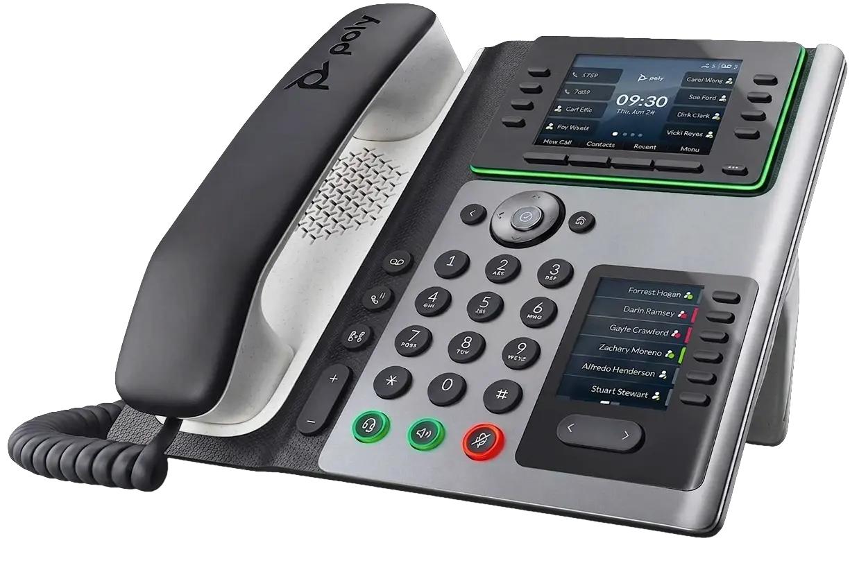 A Poly business desk phone