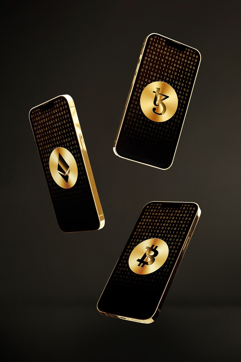 image of golden smart phones with cryptographic images the future language of telecom